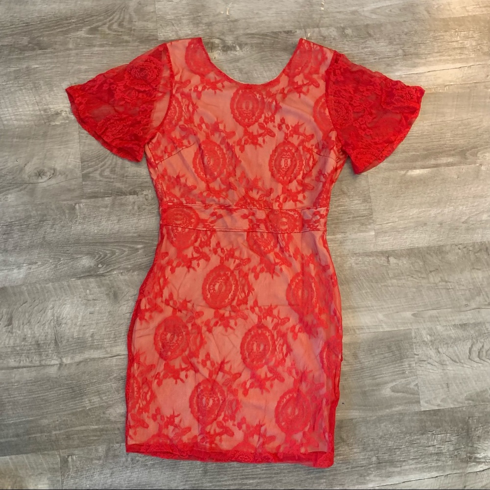 Red & Nude Lace Flutter Sleeve Low Back Mini Dress